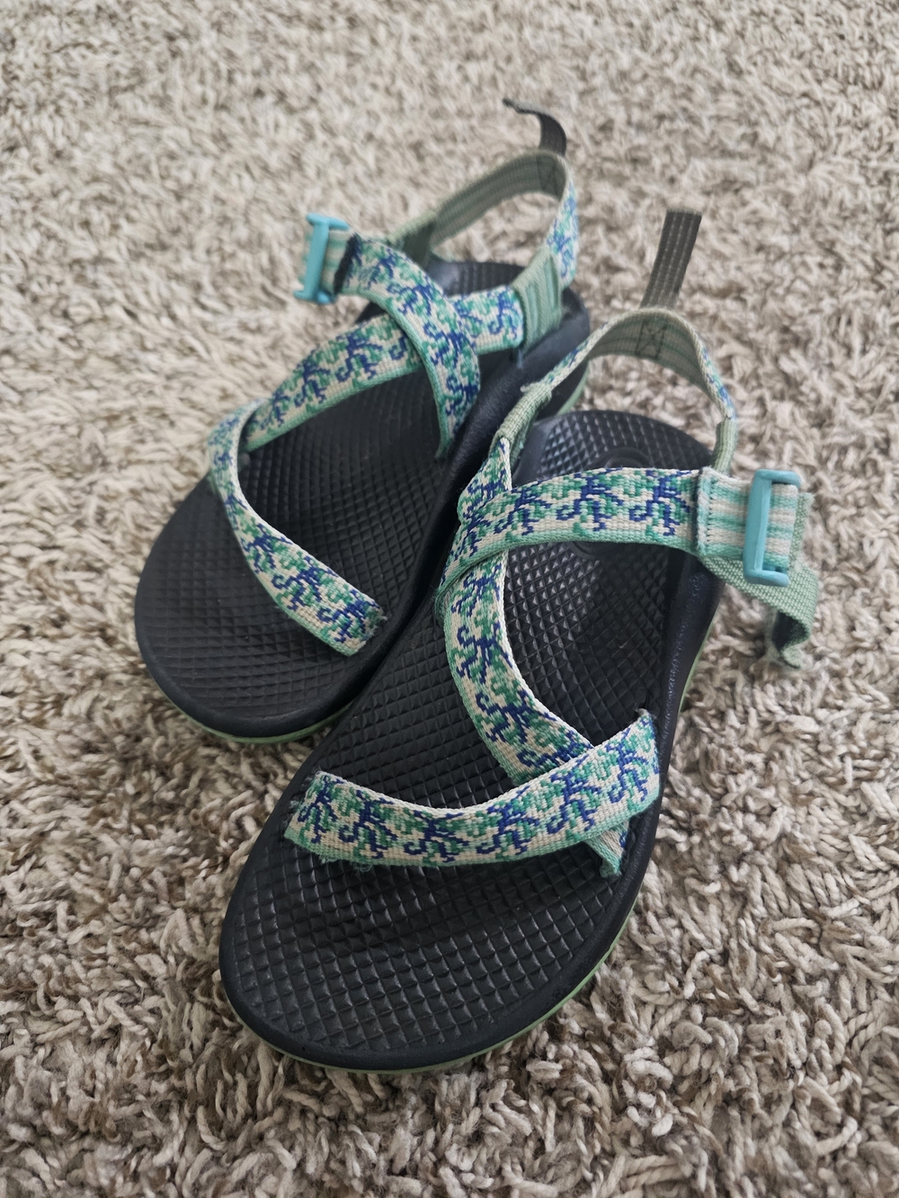 Chaco Patterned Aqua Strap Sandals with Navy Footbed